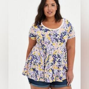 Torrid Babydoll peplum purple floral Slub Scoop Neck Tiered Top tunic plus sz 1X